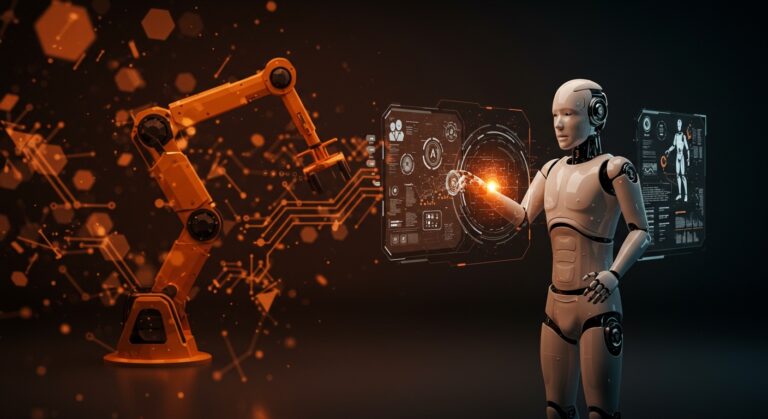 Robot humanoide siendo entrenado con IA y gemelos digitales en una startup argentina de robótica industrial.