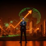 Líder de startup de tecnología verde frente a un paisaje digital abstracto que representa la innovación y el impacto global de Hydros Power desde Alicante.