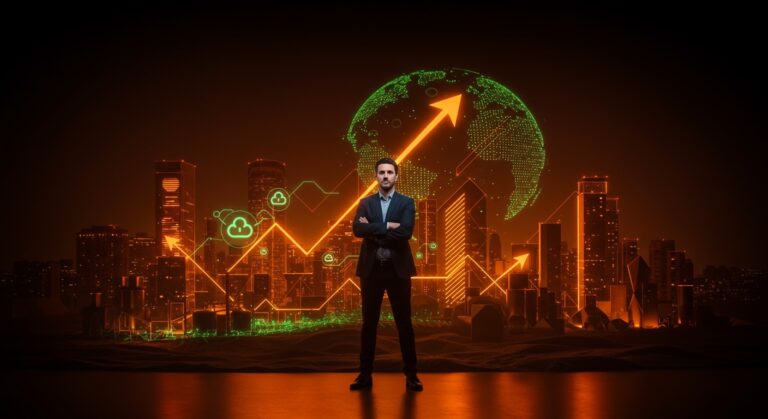 Líder de startup de tecnología verde frente a un paisaje digital abstracto que representa la innovación y el impacto global de Hydros Power desde Alicante.