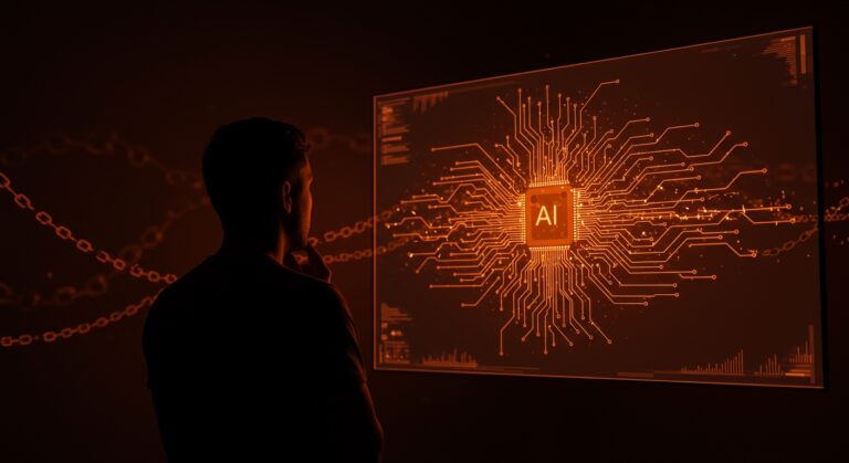Fundador tech reflexionando sobre riesgos de IA aduladora y desarrollo responsable en un ambiente tecnológico avanzado con paleta naranja y negro.