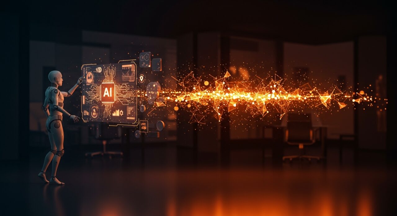 Agente de IA interactuando con capa de procesos digitales, representando la optimización y transformación digital en empresas.