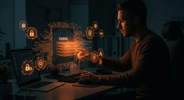 Interfaz holográfica de IA agentic de Nvidia mostrando seguridad integral y gobernanza para founders tecnológicos.