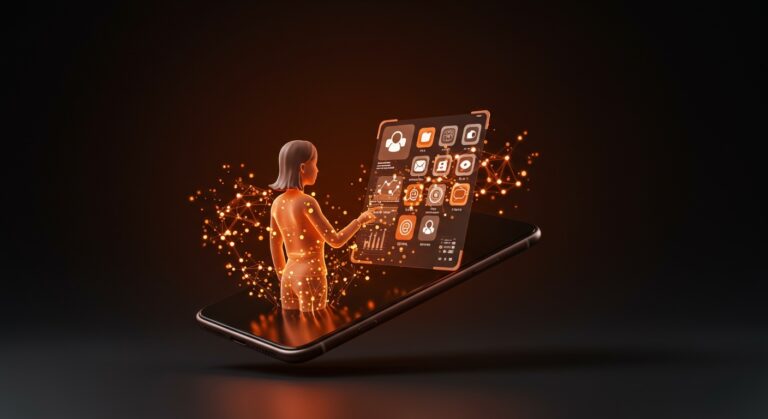 Representación visual de IA agéntica en smartphones redefiniendo interfaces móviles según Carl Pei y la transformación digital en tecnología móvil.