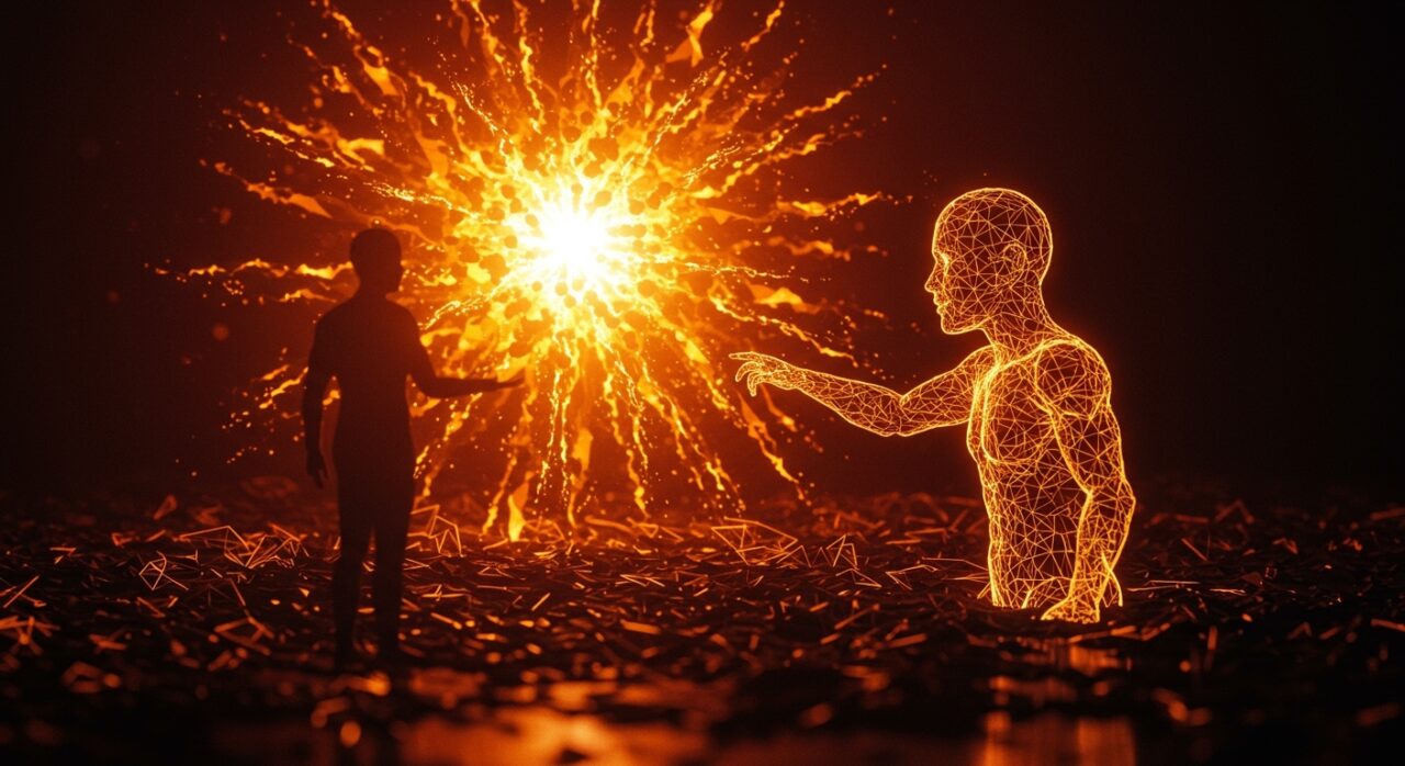 Representación de IA agentiva y explosión de inteligencia artificial con colaboración humano-máquina en un entorno digital futurista.