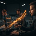 Inversor de venture capital analizando métricas de IA agentiva en un entorno tecnológico startup enfocado en resultados reales y ROI probado.