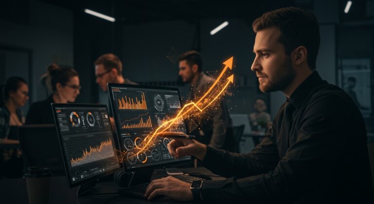 Inversor de venture capital analizando métricas de IA agentiva en un entorno tecnológico startup enfocado en resultados reales y ROI probado.