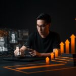 Fundador analizando interfaz digital con redes neuronales de IA y símbolos éticos en ecosistema de startup tecnológica.