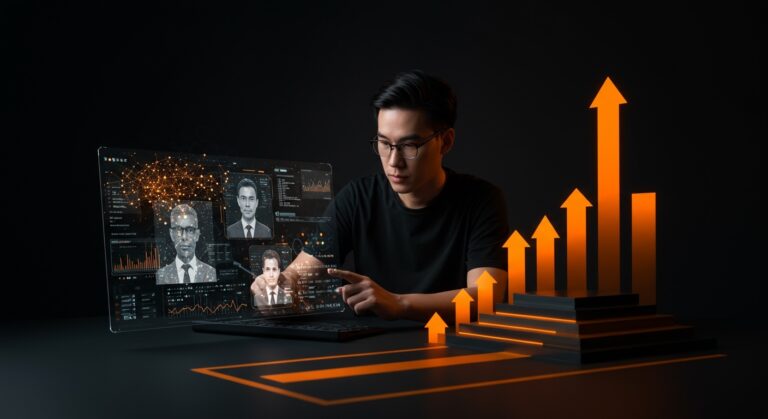 Fundador analizando interfaz digital con redes neuronales de IA y símbolos éticos en ecosistema de startup tecnológica.