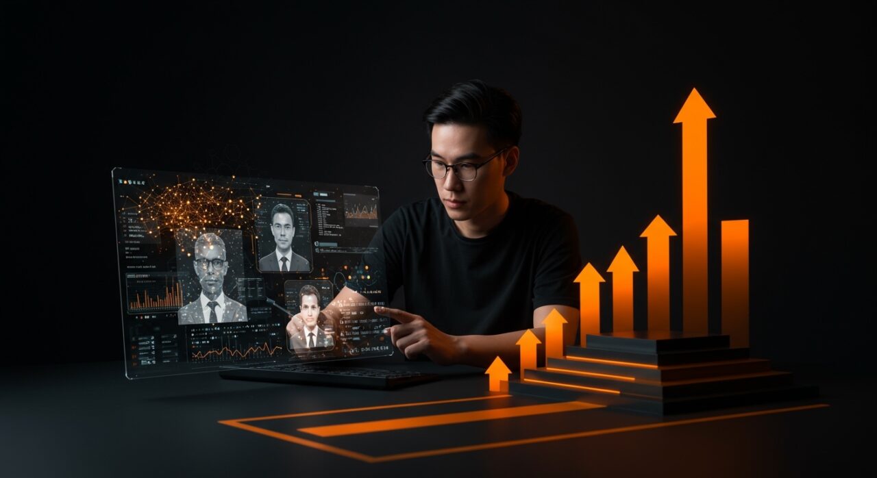 Fundador analizando interfaz digital con redes neuronales de IA y símbolos éticos en ecosistema de startup tecnológica.