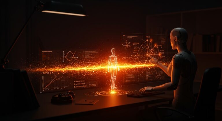 Representación visual de IA aplicada GPT-5.4 resolviendo un problema abierto en teoría de Ramsey con hipergráficos y modelado avanzado.