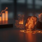 Dispositivo wearable IA Humane AI Pin con proyecciones holográficas en naranja y negro, simbolizando innovación en hardware IA y tecnología de HP.