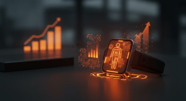 Dispositivo wearable IA Humane AI Pin con proyecciones holográficas en naranja y negro, simbolizando innovación en hardware IA y tecnología de HP.