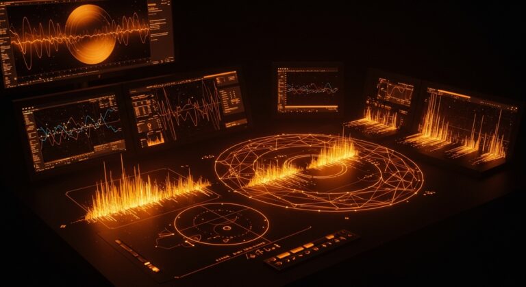 Sistema de IA analizando ondas gravitacionales y complejidad espectral con datos de LIGO en un entorno tecnológico avanzado.