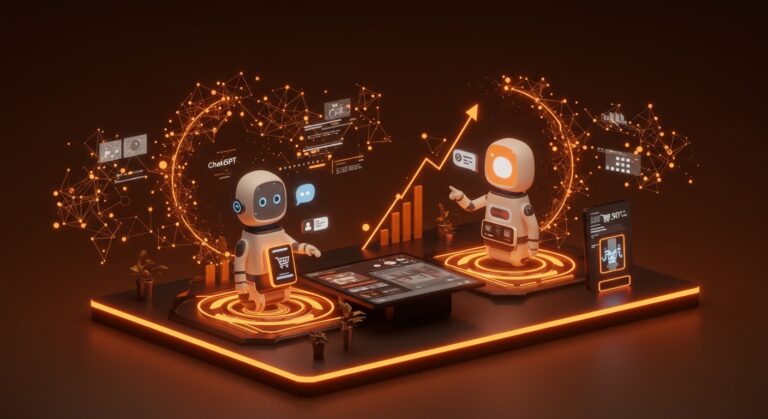 Visualización de IA aplicada en retail con chatbots ChatGPT y Google Gemini impulsando la automatización y comercio electrónico.