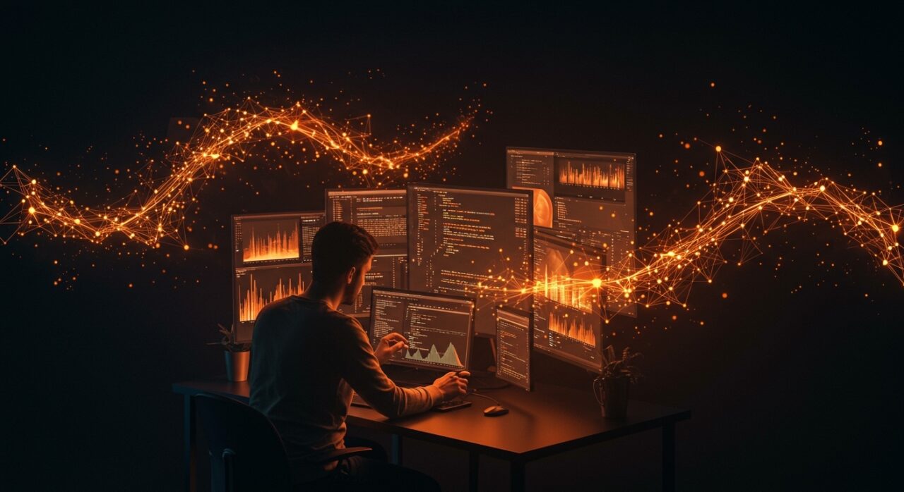 Ingeniero de software utilizando inteligencia artificial para optimizar JSONata y ahorrar costos en SaaS con tecnología avanzada.