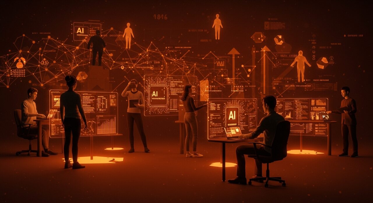 Desarrolladores de software trabajando con IA aplicada y agentes AI, ilustrando la transformación de la ingeniería de software y el rol del developer en 2026.