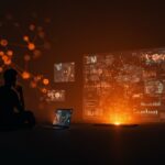 Desarrollador de videojuegos analizando arte generado por IA, representando ética y transparencia en tecnología aplicada a videojuegos.