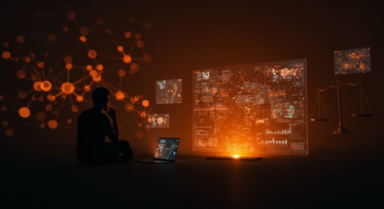 Desarrollador de videojuegos analizando arte generado por IA, representando ética y transparencia en tecnología aplicada a videojuegos.