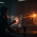 Fundador tecnológico reflexionando sobre ética y riesgos clave de IA aplicada en videojuegos en LATAM, con visuales de redes neuronales y transparencia tecnológica.