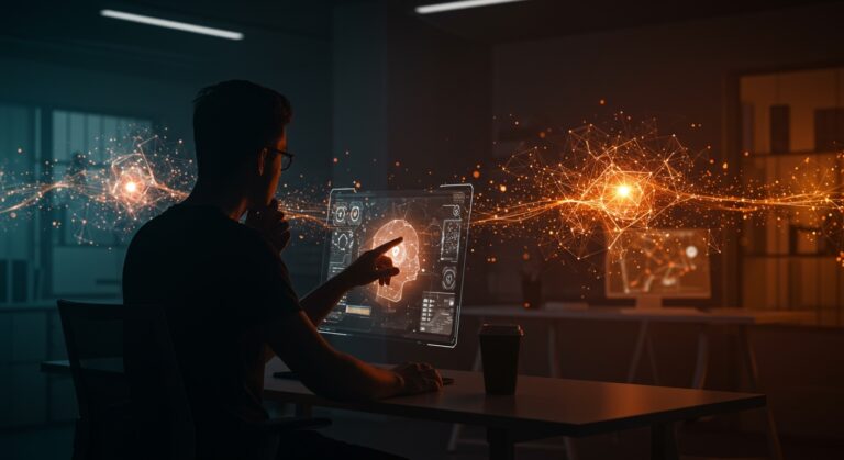 Fundador tecnológico reflexionando sobre ética y riesgos clave de IA aplicada en videojuegos en LATAM, con visuales de redes neuronales y transparencia tecnológica.