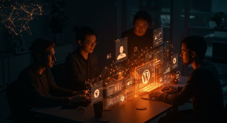 Founders usando agentes IA para automatizar y escalar WordPress con plugins inteligentes en un entorno tecnológico avanzado.