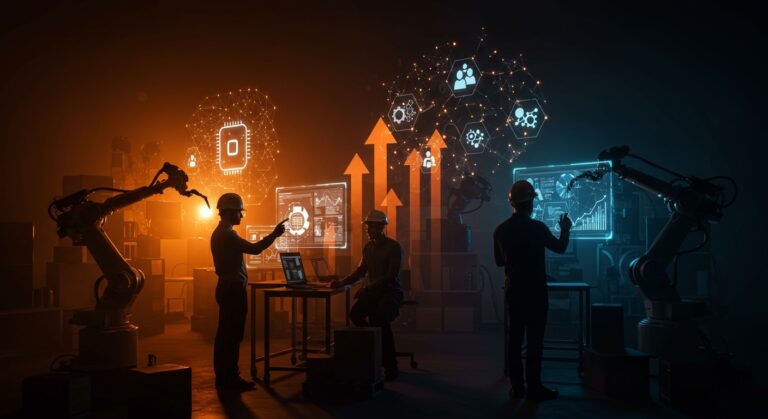 Espacio de trabajo industrial representando pymes industriales con IA y automatización estratégica para crecimiento.