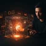 Fundador tecnológico interactuando con agentes de IA autónoma ejecutándose en un sandbox visual, simbolizando automatización segura para startups.