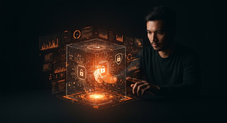 Fundador tecnológico interactuando con agentes de IA autónoma ejecutándose en un sandbox visual, simbolizando automatización segura para startups.