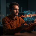 Emprendedor usando IA y ChatGPT para crear una vacuna ARNm personalizada contra el cáncer, ilustrando la innovación en biotecnología.