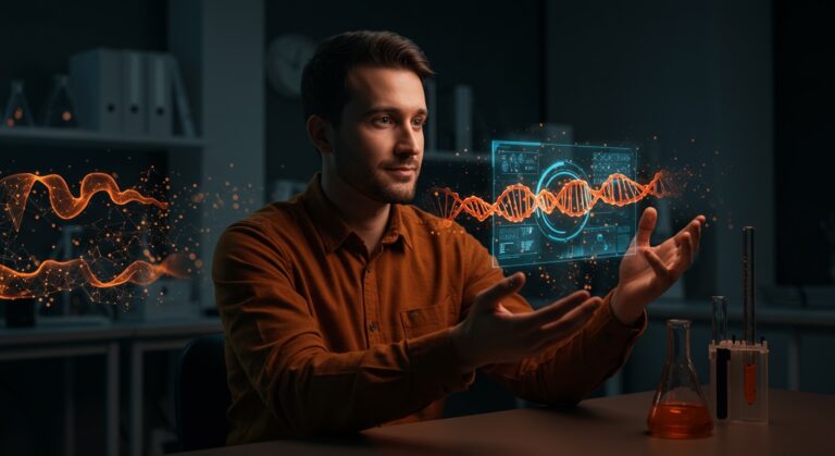 Emprendedor usando IA y ChatGPT para crear una vacuna ARNm personalizada contra el cáncer, ilustrando la innovación en biotecnología.