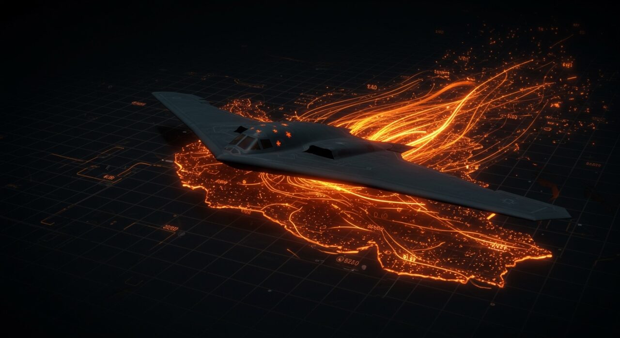 Algoritmo de inteligencia artificial militar china detectando señales del bombardero stealth B-2 Spirit en Irán, análisis de IA aplicada a defensa y tecnología militar.