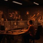 Equipo de startup usando IA para detección de ataques cibernéticos, destacando crecimiento y tecnología en ciberseguridad.