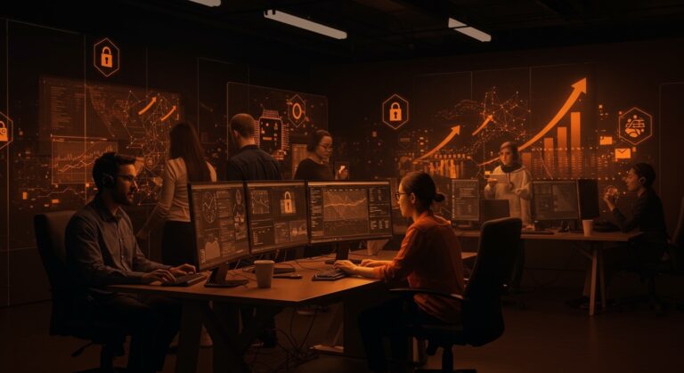 Equipo de startup usando IA para detección de ataques cibernéticos, destacando crecimiento y tecnología en ciberseguridad.