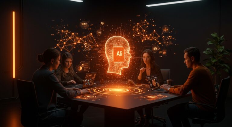 Emprendedores tecnológicos colaborando con un modelo de IA comprimida holográfico, ilustrando la tecnología avanzada de Multiverse Computing para startups.