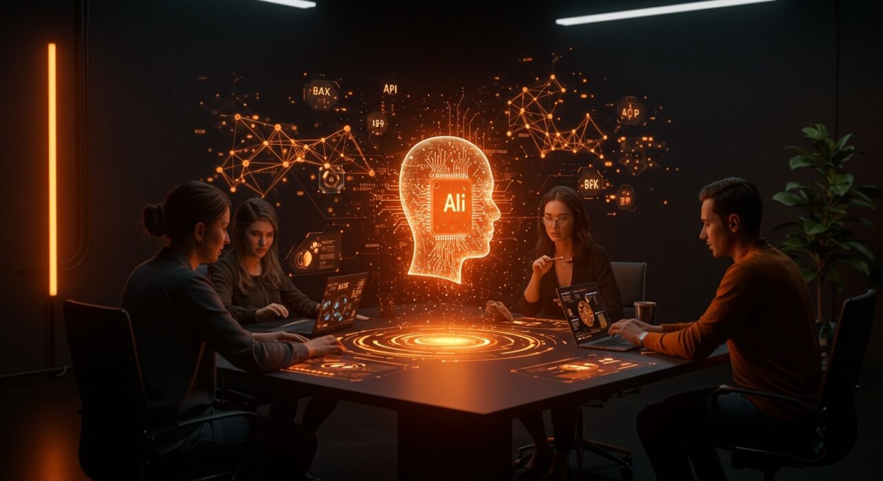 Emprendedores tecnológicos colaborando con un modelo de IA comprimida holográfico, ilustrando la tecnología avanzada de Multiverse Computing para startups.