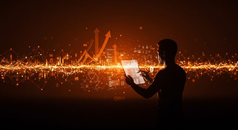 Founder analizando flujos de datos confusos para escalar inteligencia artificial con claridad y resultados sostenibles en startups.