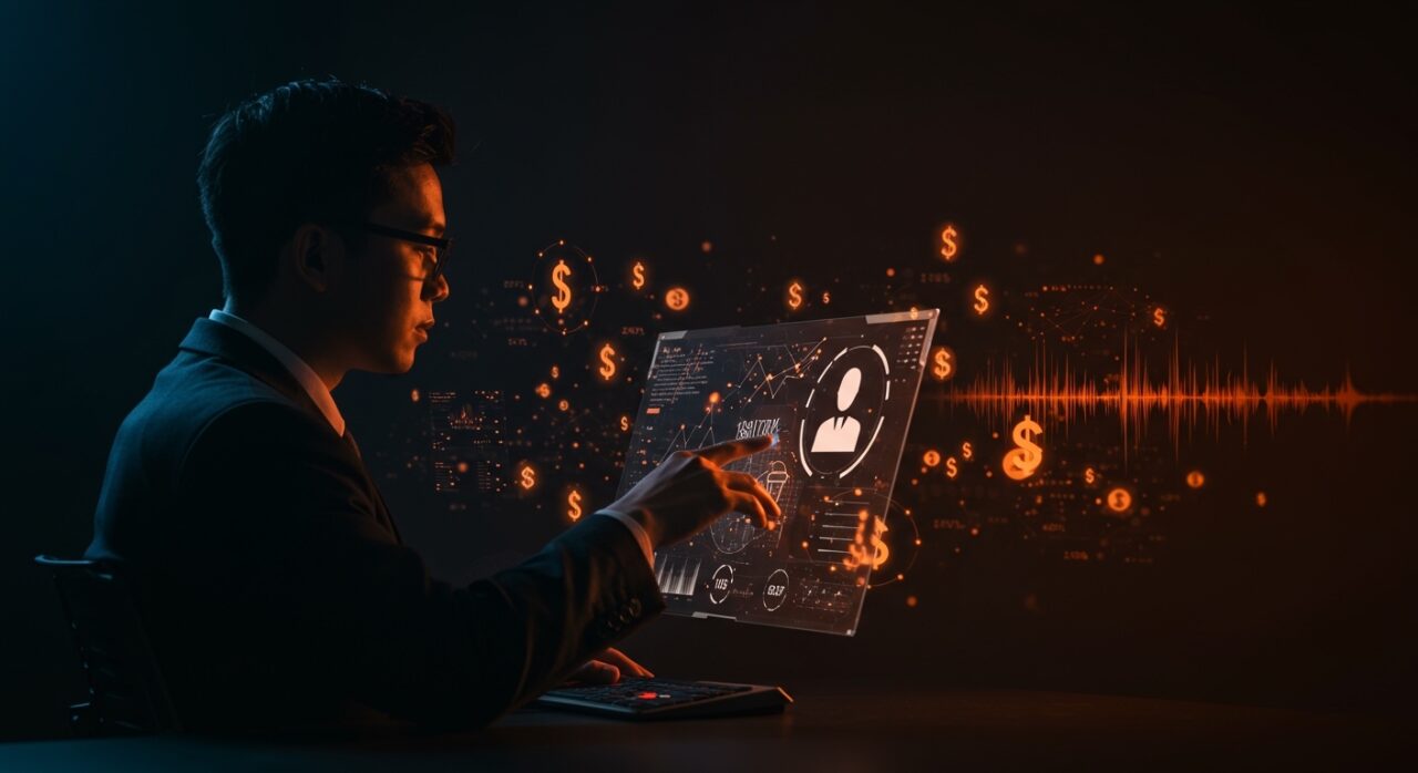 Persona entrenando IA conversacional en remoto, destacando ganancias económicas y ventajas para startups con tecnologías emergentes.