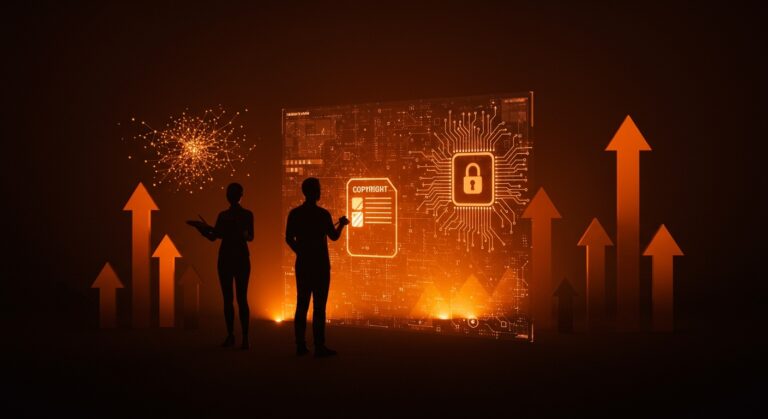 Ilustración editorial sobre IA y copyright en Reino Unido, mostrando tensión entre regulación y creatividad artística con metáforas digitales.
