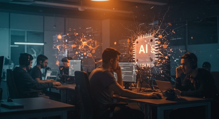 Desarrolladores de software en LATAM trabajando con inteligencia artificial, mostrando productividad y agotamiento en entornos tech.