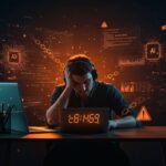 Desarrollador agotado trabajando con IA, reflejando aumento de horas laborales, burnout y deuda técnica en startups tecnológicas.