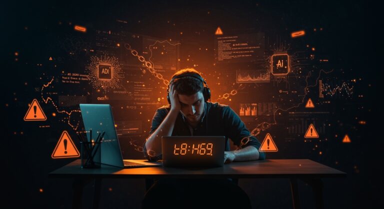 Desarrollador agotado trabajando con IA, reflejando aumento de horas laborales, burnout y deuda técnica en startups tecnológicas.
