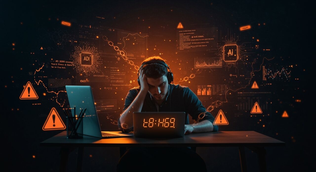 Desarrollador agotado trabajando con IA, reflejando aumento de horas laborales, burnout y deuda técnica en startups tecnológicas.