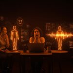 Actores de improvisación entrenando modelos de inteligencia artificial emocional para productos conversacionales en un entorno moderno y tecnológico.