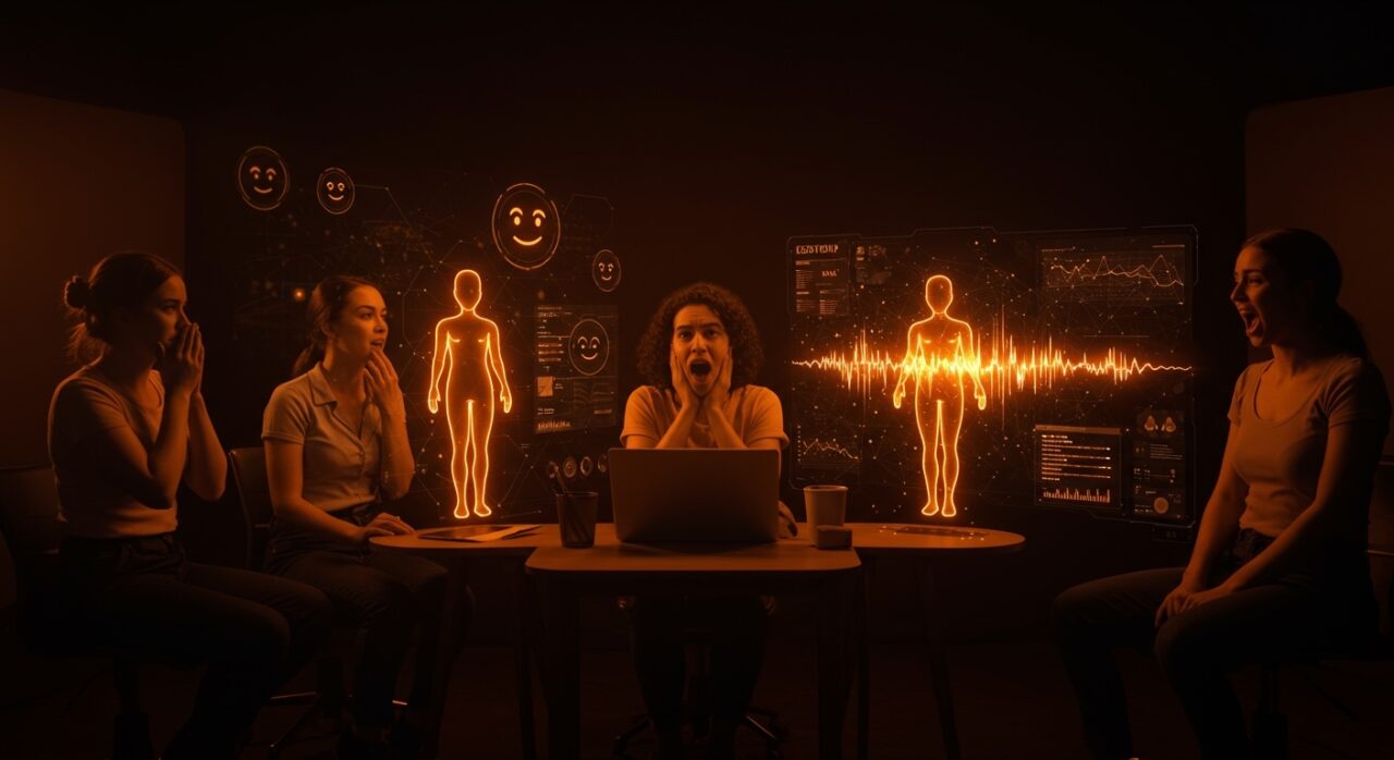 Actores de improvisación entrenando modelos de inteligencia artificial emocional para productos conversacionales en un entorno moderno y tecnológico.