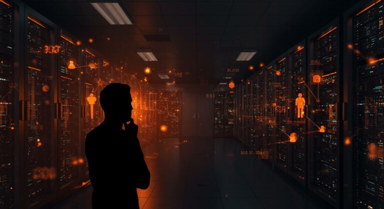 Founder tech en un data center futurista iluminado en naranja y negro, reflejando el debate sobre IA, empleo e impuestos en startups.