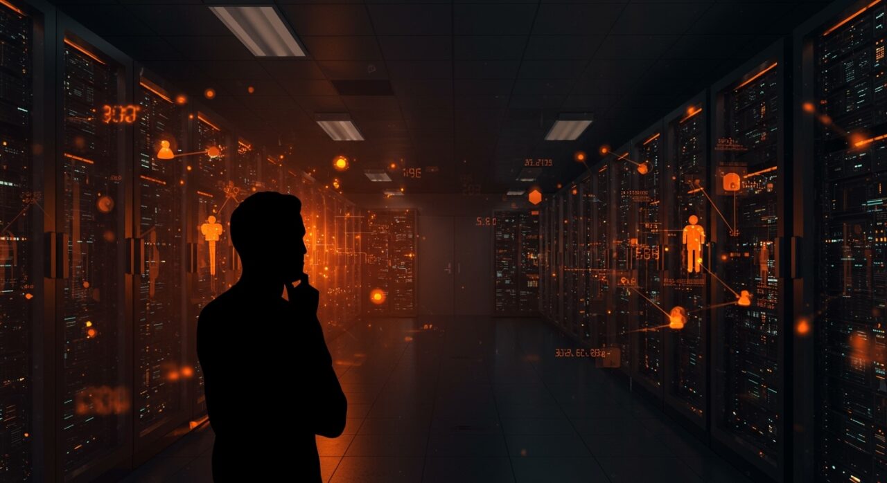 Founder tech en un data center futurista iluminado en naranja y negro, reflejando el debate sobre IA, empleo e impuestos en startups.