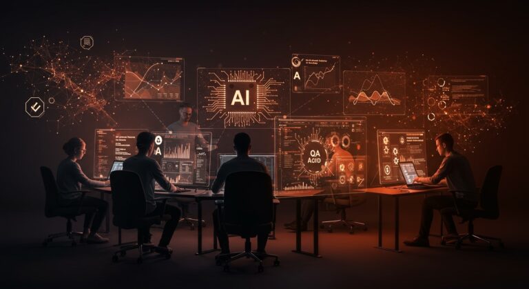 Equipo de desarrollo de software utilizando IA para aumentar productividad y automatización con metodologías ágiles en startups.