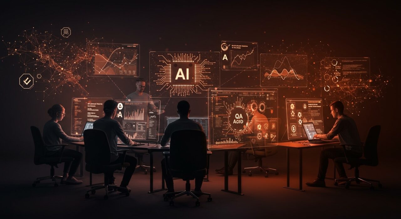 Equipo de desarrollo de software utilizando IA para aumentar productividad y automatización con metodologías ágiles en startups.