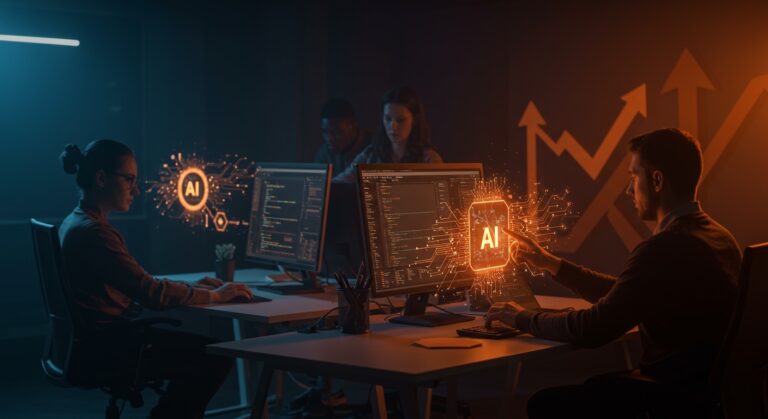 Equipo de desarrollo de software utilizando inteligencia artificial para aumentar productividad y automatización en un entorno colaborativo.