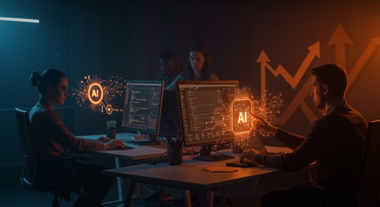 Equipo de desarrollo de software utilizando inteligencia artificial para aumentar productividad y automatización en un entorno colaborativo.